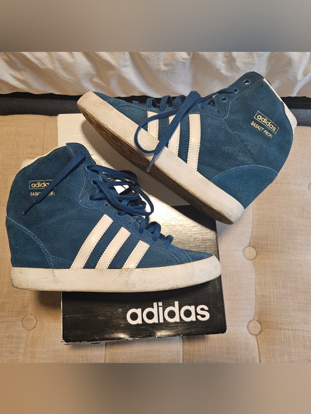 Adidas Womens Teal  Blue Suede High-Top Wedge Sneakers with White Stripes
